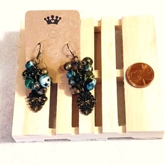 VINTAGE STYLE BRASS MULTI BEAD CLUSTER DANGLE EARRINGS - Picture 5 of 6